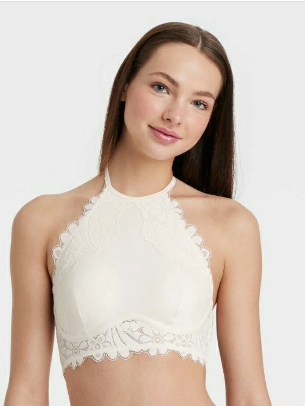 Colsie High Neck Crochet Lace Bralette in white. Size: Medium